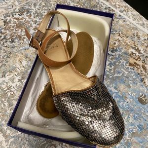 Stuart Weitzman, ankle wrap brown and silver armor sandal. Excellent condition.
